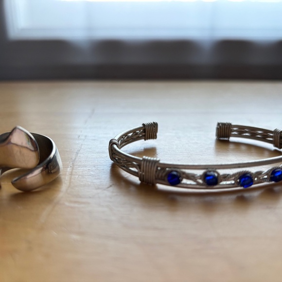 metal bracelet with bright blue glass plus ring made out of cutlery - Picture 1 of 3